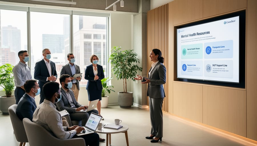 Person using mental health app on smartphone while practicing wellness at home