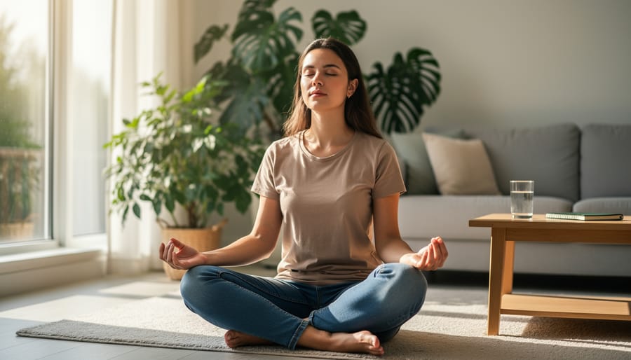 Person meditating peacefully in forest setting with morning sunlight