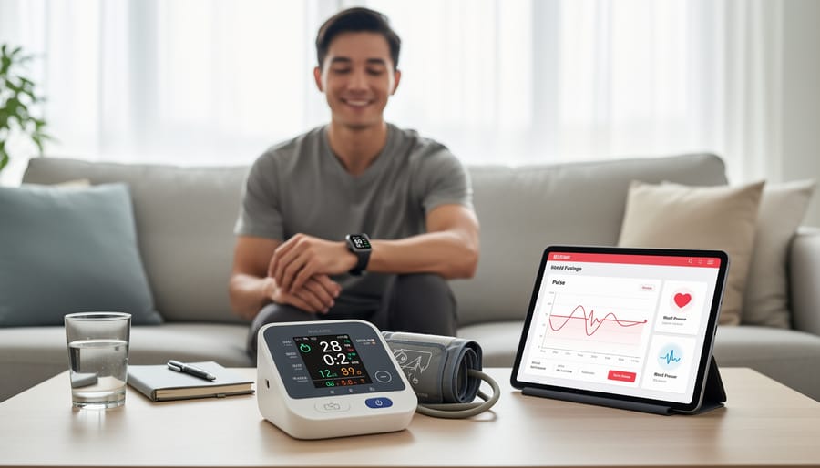 Person checking pulse and heart rate on fitness tracker during fasting routine