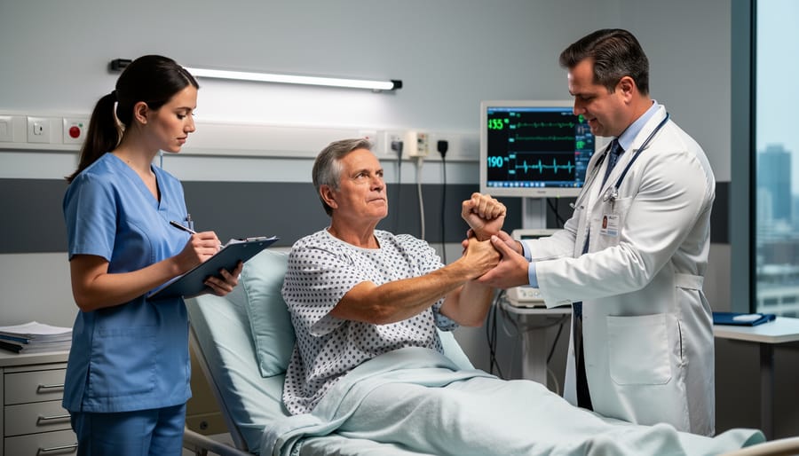 Nurse testing patient's hand grip strength during motor function assessment