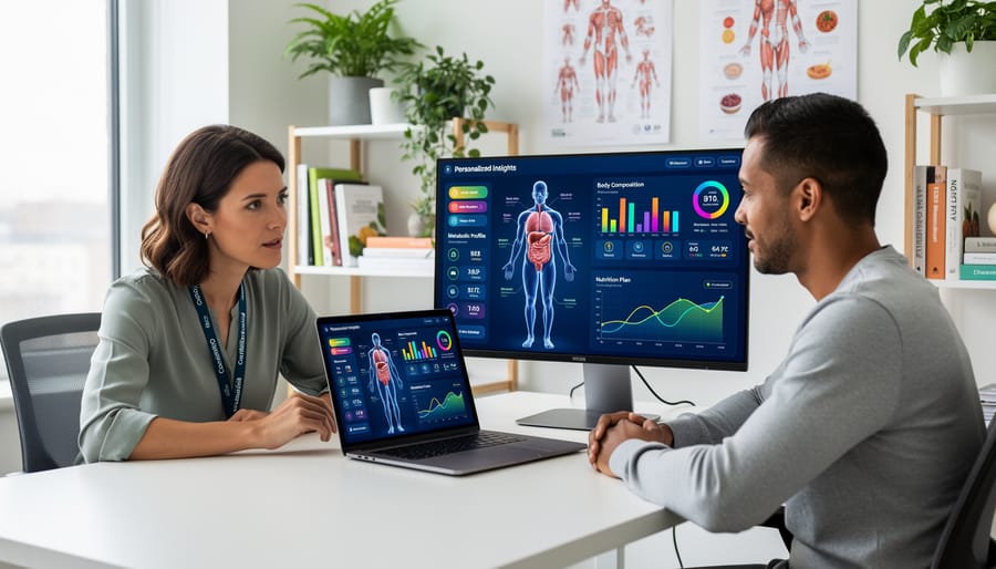 Nutritionist consulting with client using digital health data in modern office setting