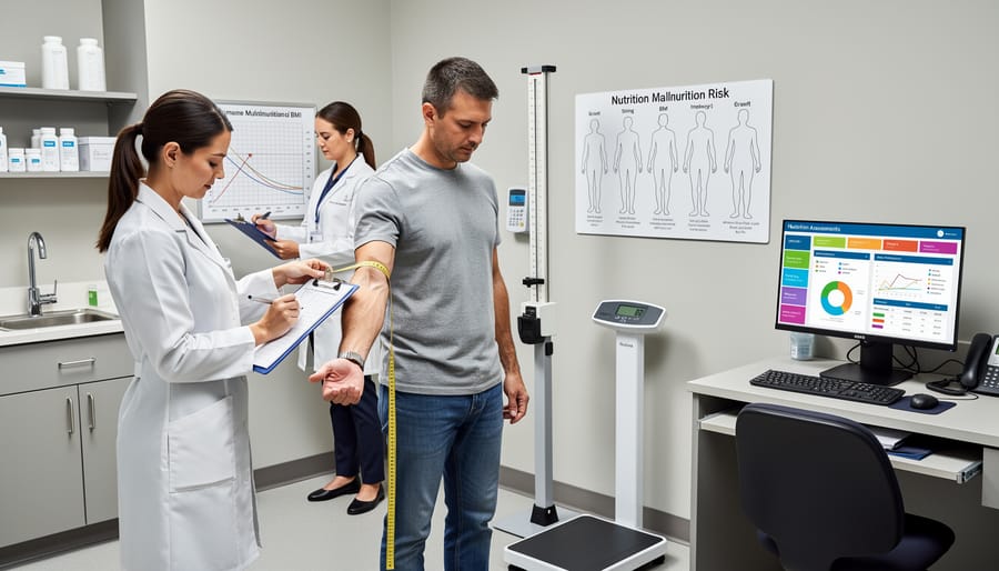 Healthcare provider measuring patient's arm circumference as part of nutritional assessment