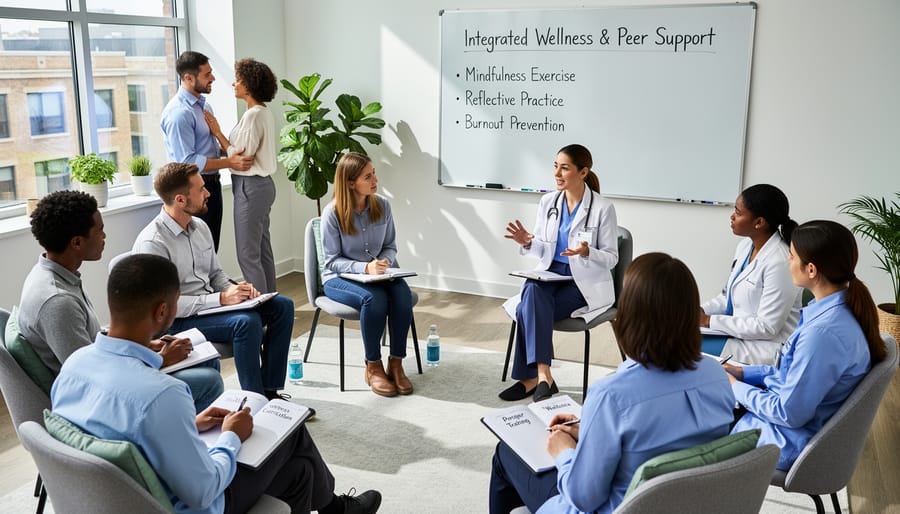 Medical students participating in supportive peer discussion group in natural lighting
