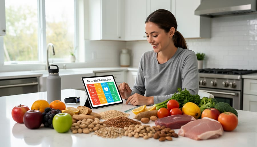 Woman preparing healthy meal while wearing fitness tracker in modern kitchen