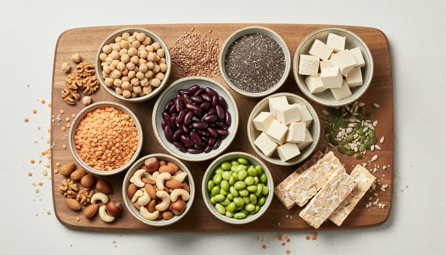 Overhead view of various plant-based protein foods including quinoa, beans, nuts, seeds, and tofu