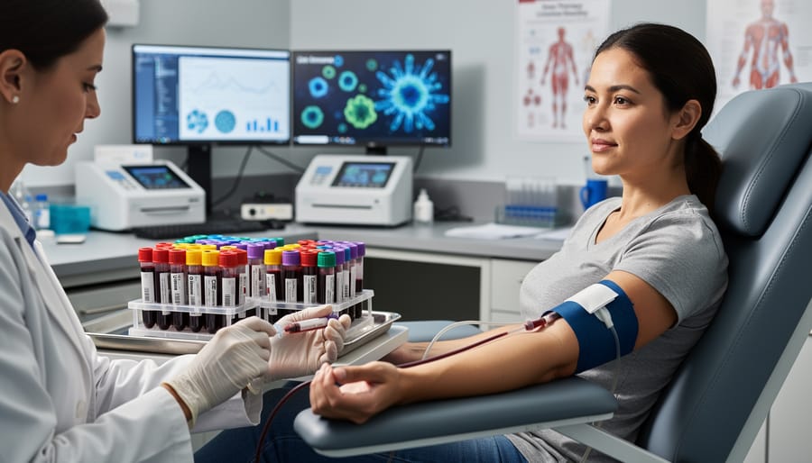 Medical professional drawing blood sample for immunogenicity screening tests