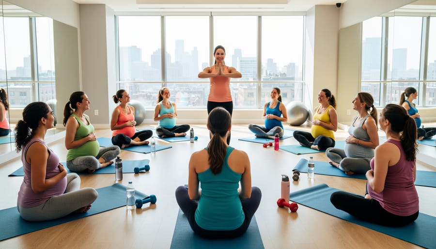 Group of pregnant women connecting in prenatal exercise class
