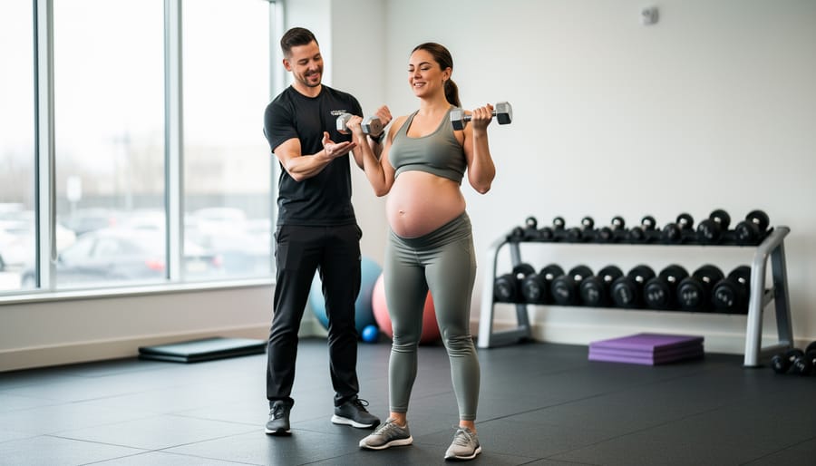 Pregnant woman doing strength training exercises with light dumbbells