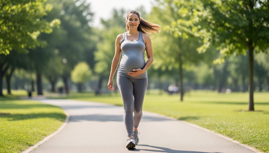 Pregnant woman walking on forest trail in natural sunlight