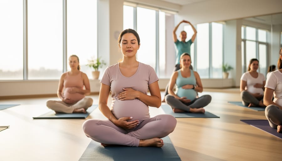 Pregnant woman practicing yoga on mat in bright living room