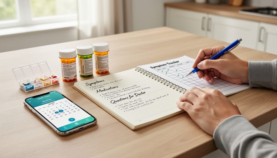 Woman organizing health information and questions in preparation for medical appointment
