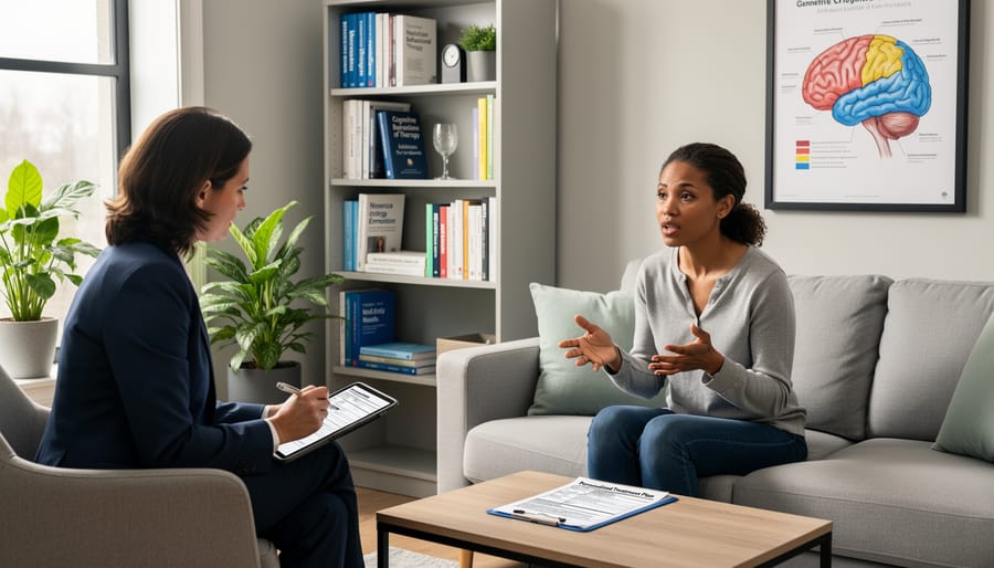 Man in therapy session with mental health professional in supportive office environment