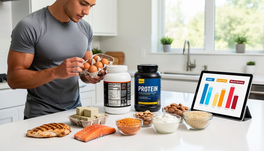 Woman preparing healthy high-protein meal with chicken and vegetables in modern kitchen