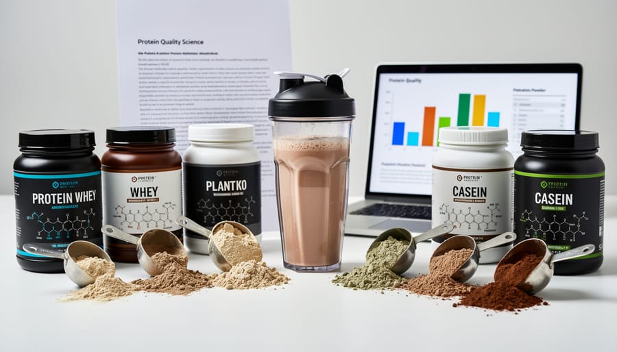 Close-up of hand measuring protein powder from jar with wooden spoon