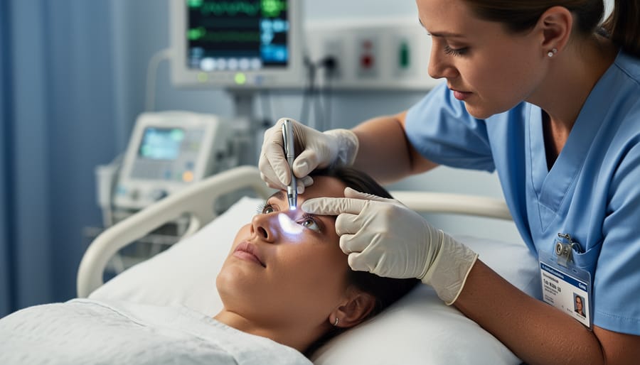 Healthcare provider examining patient's pupil response during neurological assessment