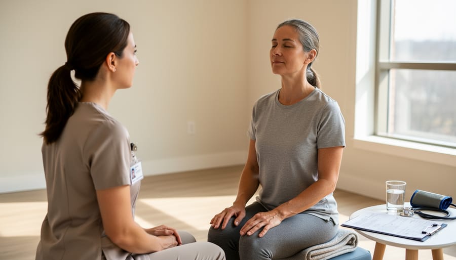 Breathwork practitioner consulting with client in professional wellness setting