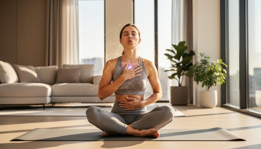 Woman practicing mindful breathing meditation in peaceful indoor setting