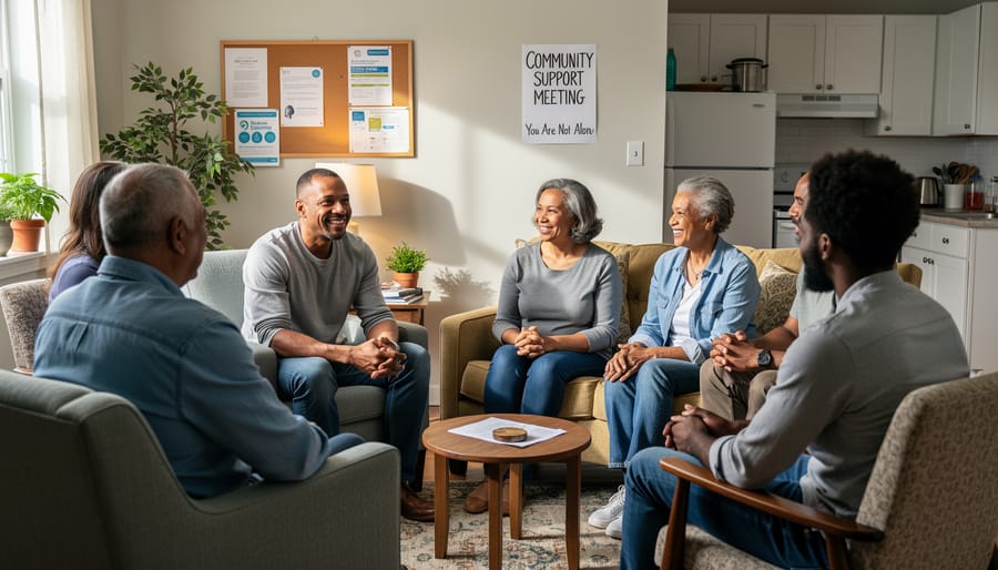Support group meeting in a bright community room with diverse participants in a circle