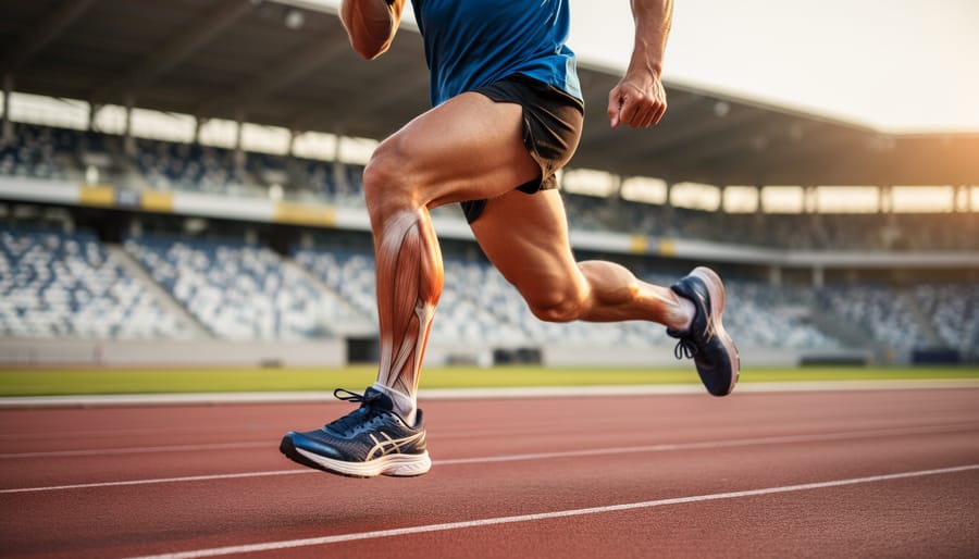Close-up of runner's legs showing muscular definition during trail run