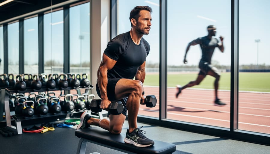 Runner performing weighted squats in gym demonstrating proper strength training form