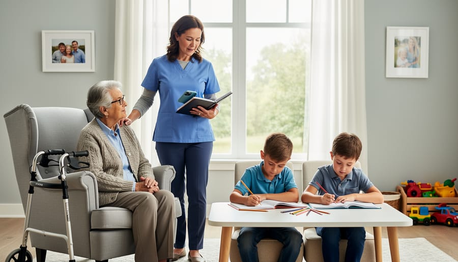 Middle-aged woman at kitchen table managing caregiving responsibilities with daughter and elderly parent's belongings visible