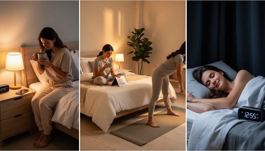 Bedside table with herbal tea and journal showing calming nighttime routine
