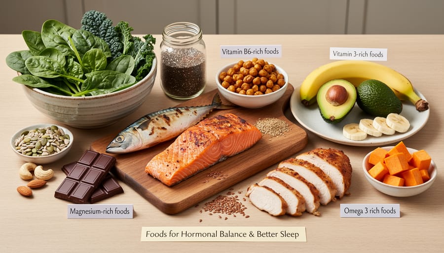 Healthy foods including salmon, leafy greens, nuts, and bananas that support menstrual sleep health
