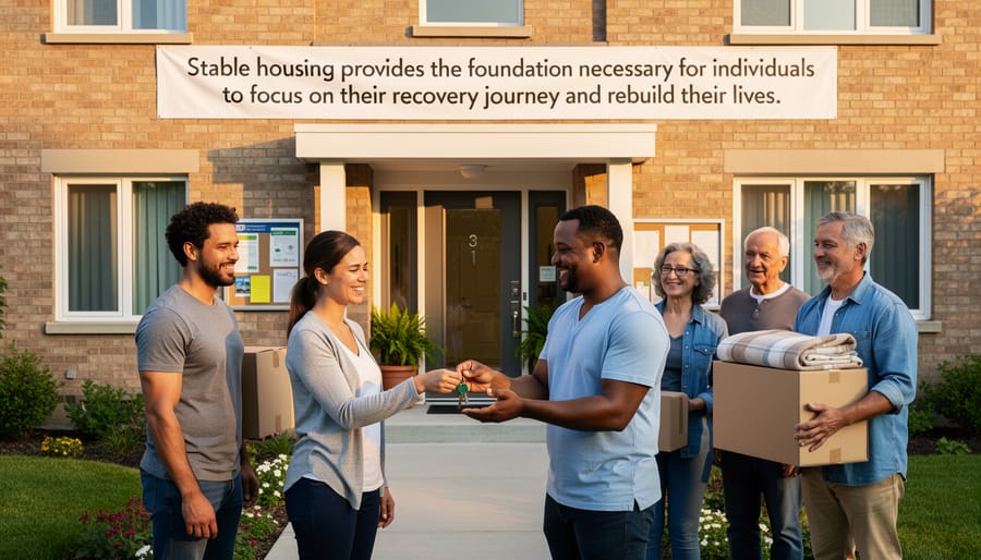 Person approaching a welcoming residential building entrance with groceries