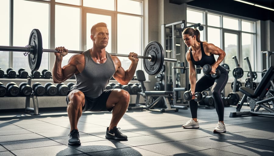 Woman performing strength training with dumbbells in gym setting