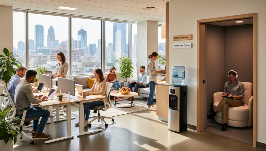 Diverse professionals collaborating in bright modern workplace with natural light