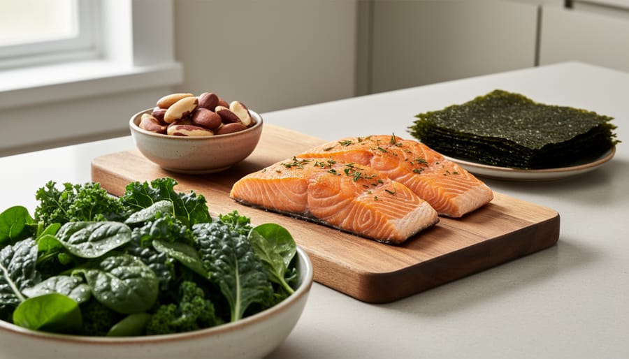 Arrangement of thyroid-supporting foods including salmon, nuts, seaweed, and vegetables