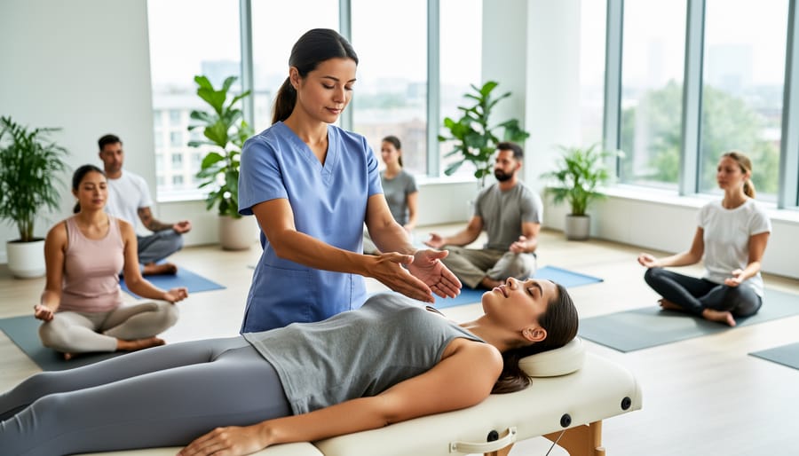 Woman practicing meditation in peaceful wellness studio environment