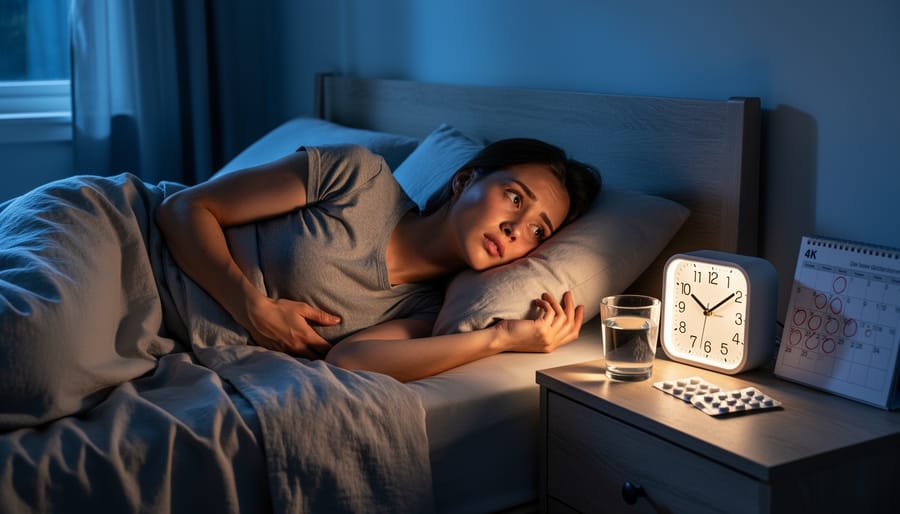 Woman lying awake in bed at night unable to sleep during menstrual cycle