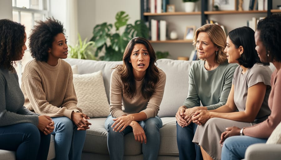 Two women friends in supportive conversation with comforting gesture
