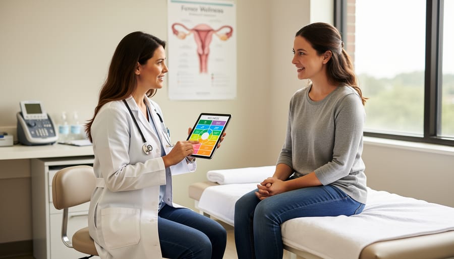 Woman sitting comfortably in medical examination room during health check consultation