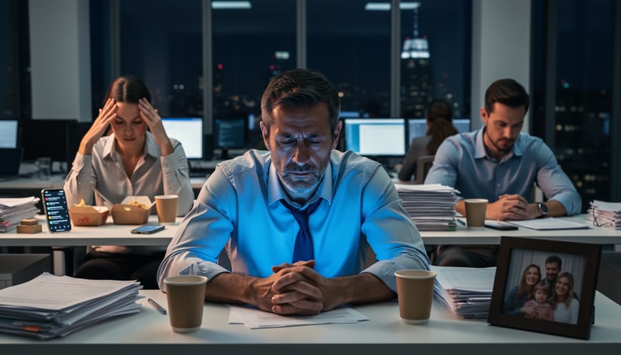 Stressed mid-career professional with head in hands at office desk