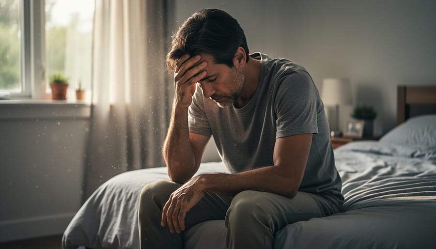 Person experiencing extreme fatigue lying on couch in afternoon light