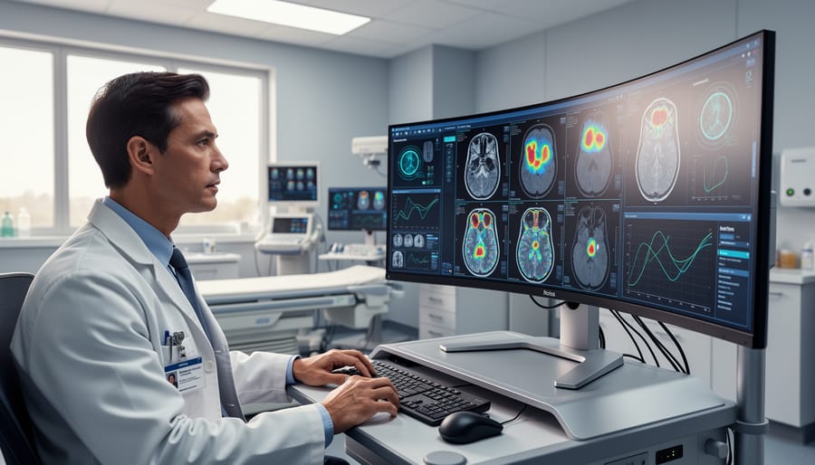Doctor reviewing medical scan with AI-assisted analysis on computer monitor
