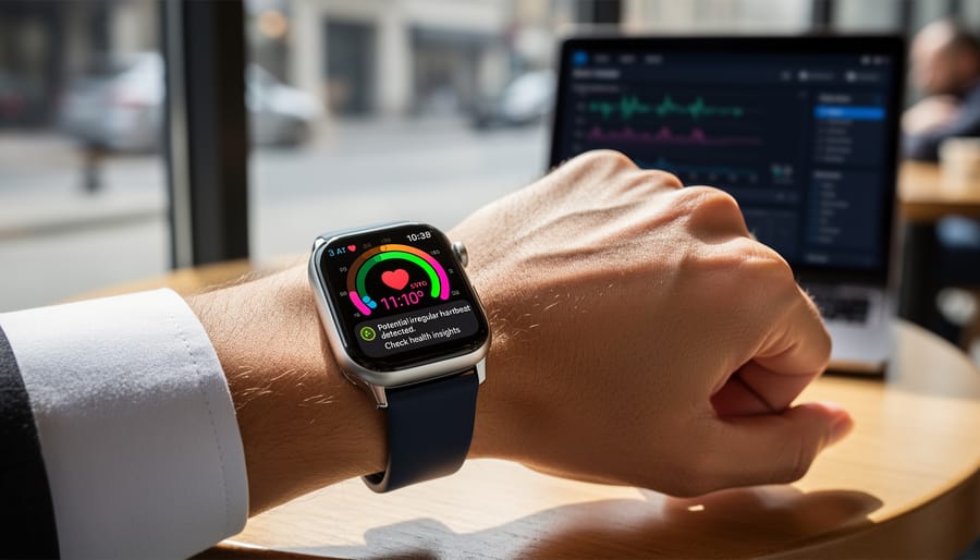 Person wearing smartwatch displaying health monitoring data on wrist