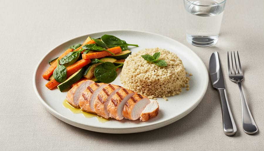 Overhead view of nutritious Mediterranean-style meal with salmon, quinoa, and cooked vegetables on white plate