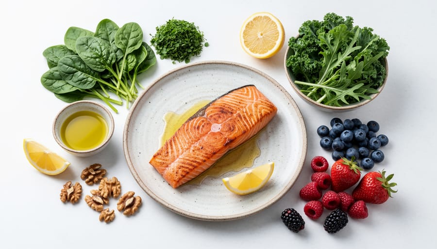 Overhead view of anti-inflammatory foods including salmon, vegetables, nuts, and berries
