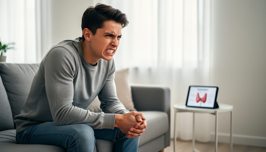 Close-up of tense hands gripping desk edge showing physical anxiety symptoms