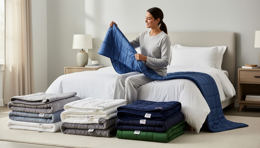 Overhead view of hands arranging weighted blanket on bed with white sheets