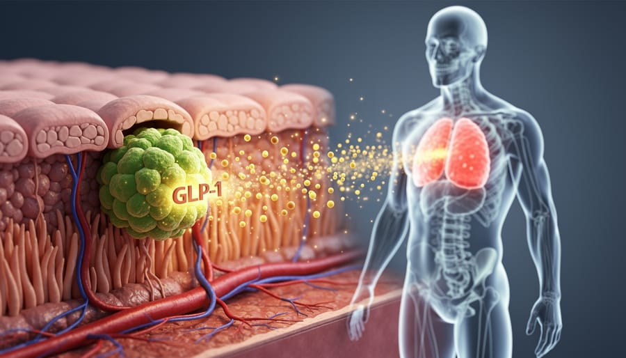 Blood glucose meter with healthy foods representing metabolic health and blood sugar control