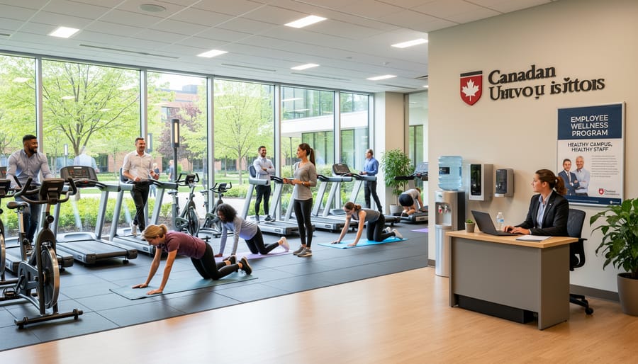 University employees exercising in modern campus fitness center with workout equipment