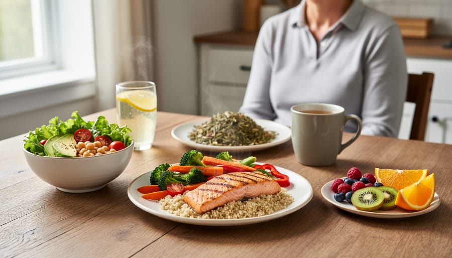 Healthy balanced meal with salmon, vegetables, and whole grains on plate