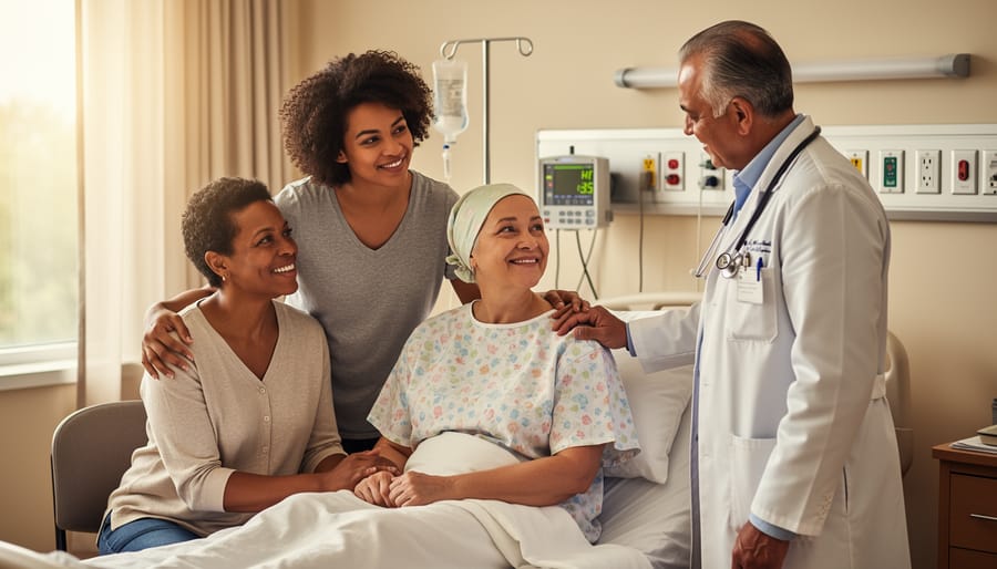 Patient and family member holding hands in supportive gesture during cancer treatment
