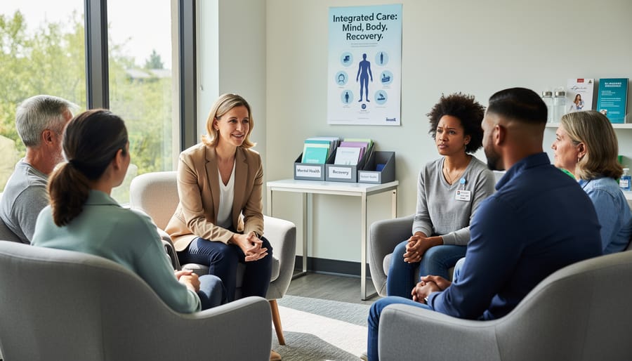 Diverse group of people in supportive therapy circle during concurrent disorder treatment session