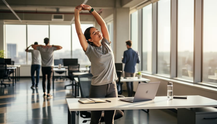 Office worker taking a stretching break near their desk in natural lighting