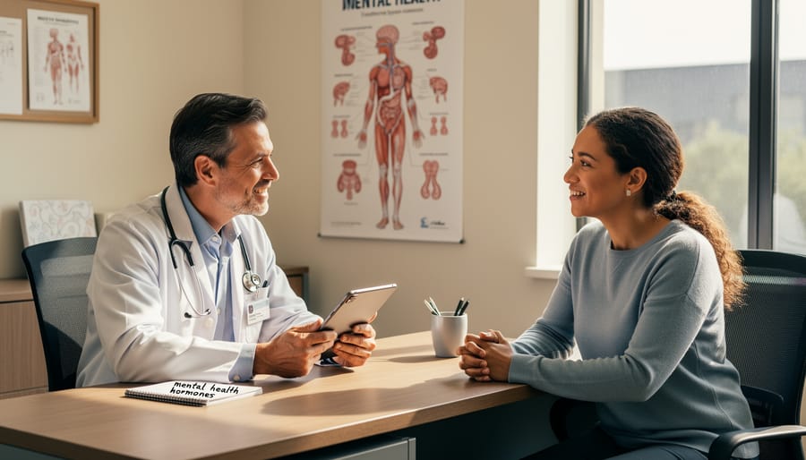 Patient consulting with doctor in medical office setting
